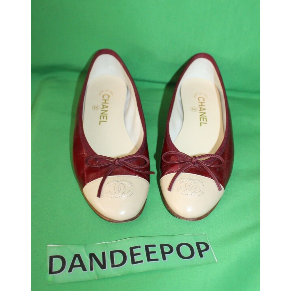 Chanel Designer Ballet Flats Burgundy Beige Logo Shoes Italy Size Women's 36.5
